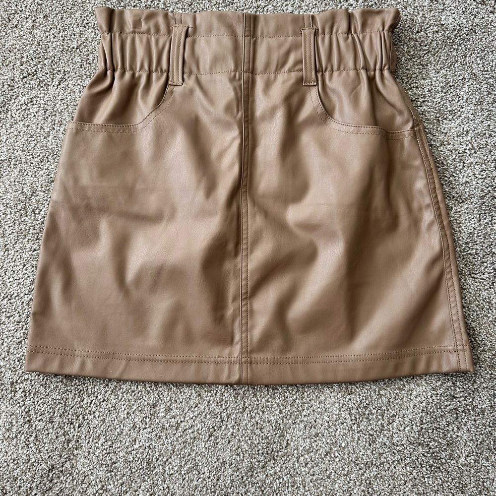 Faux Leather Paperbag Waist Mini Skirt - Tan